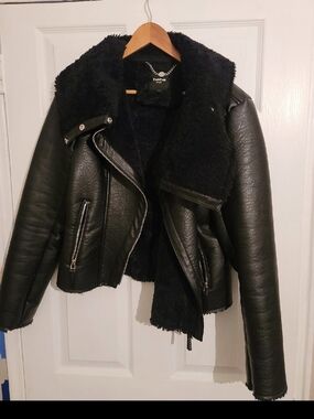 Bebe Black Faux Leather Sherpa Jacket Size L
